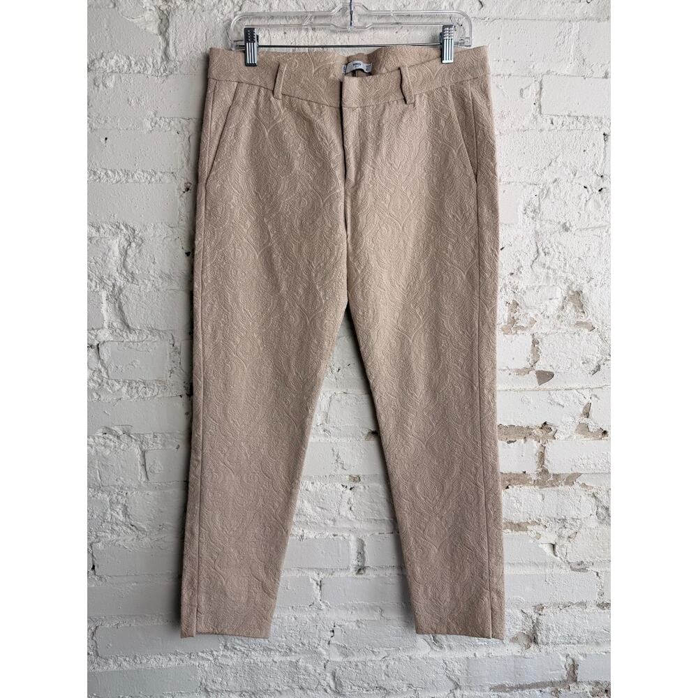 MNG Mango Jacquard Slim Dress Pants Beige Textured Office Trousers 8 NWOT Party